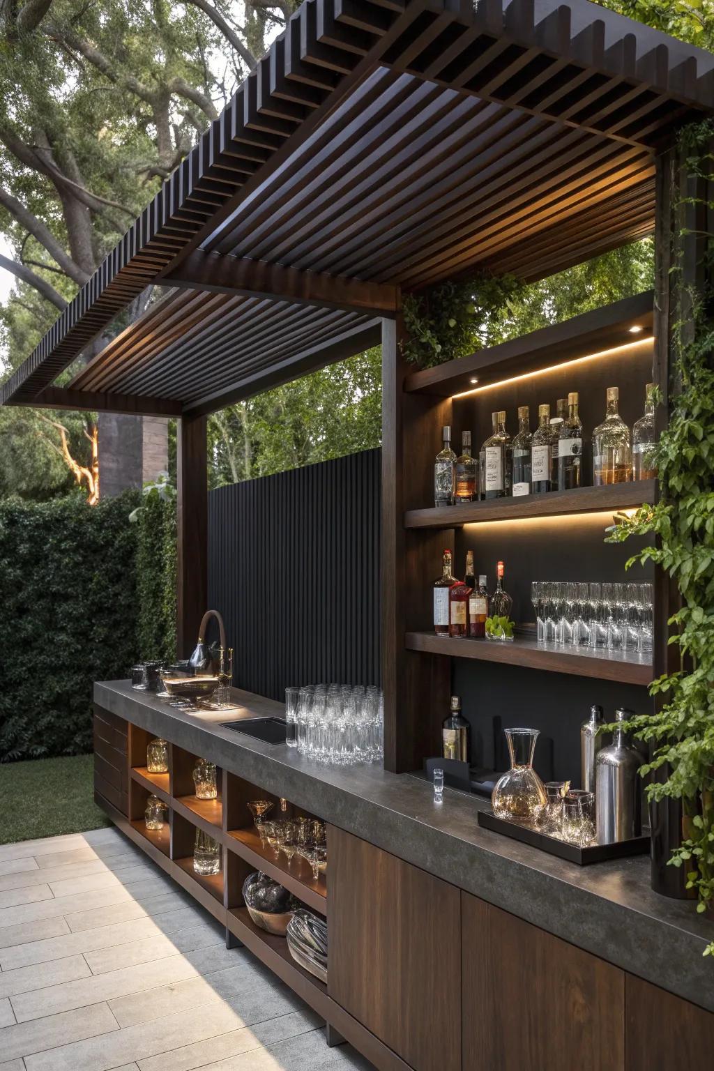 Elevate your pergola bar with fashionable wall-mounted shelves, where practicality converges with elegance.