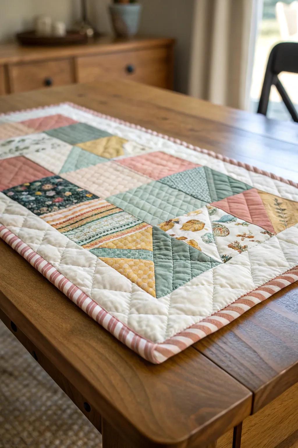 Uncover the skill of pieced borders incorporating vibrant multi-hued textiles.