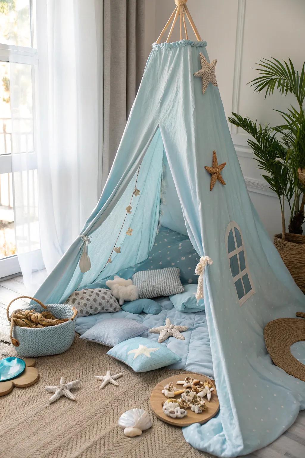 Plunge into your very own oceanic realm with this peaceful underwater-themed pillow fort!
