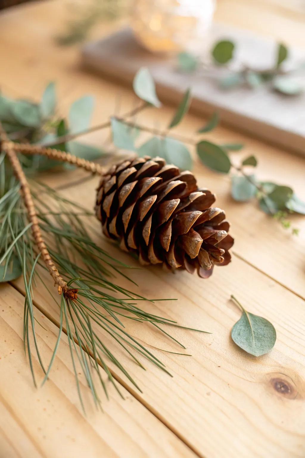 Embrace tranquility through this nature-inspired pinecone arrangement, conveying the soothing essence of the outdoors indoors.