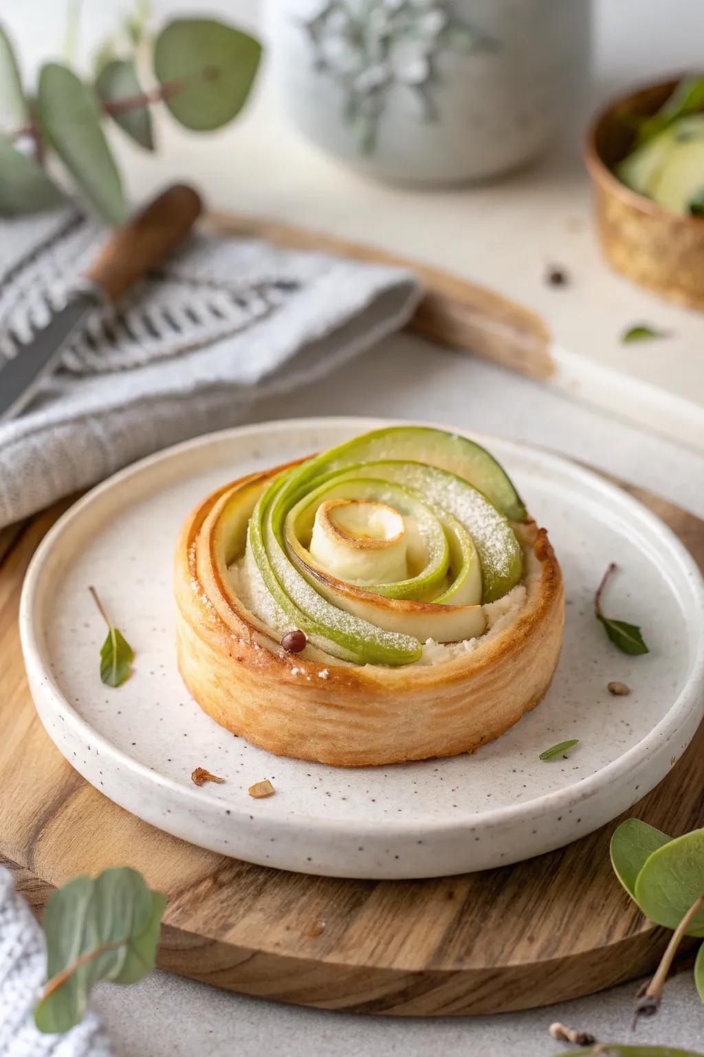 With this elegant roll treat, indulge in the delightful blend of orchard fruit and soft cheese.