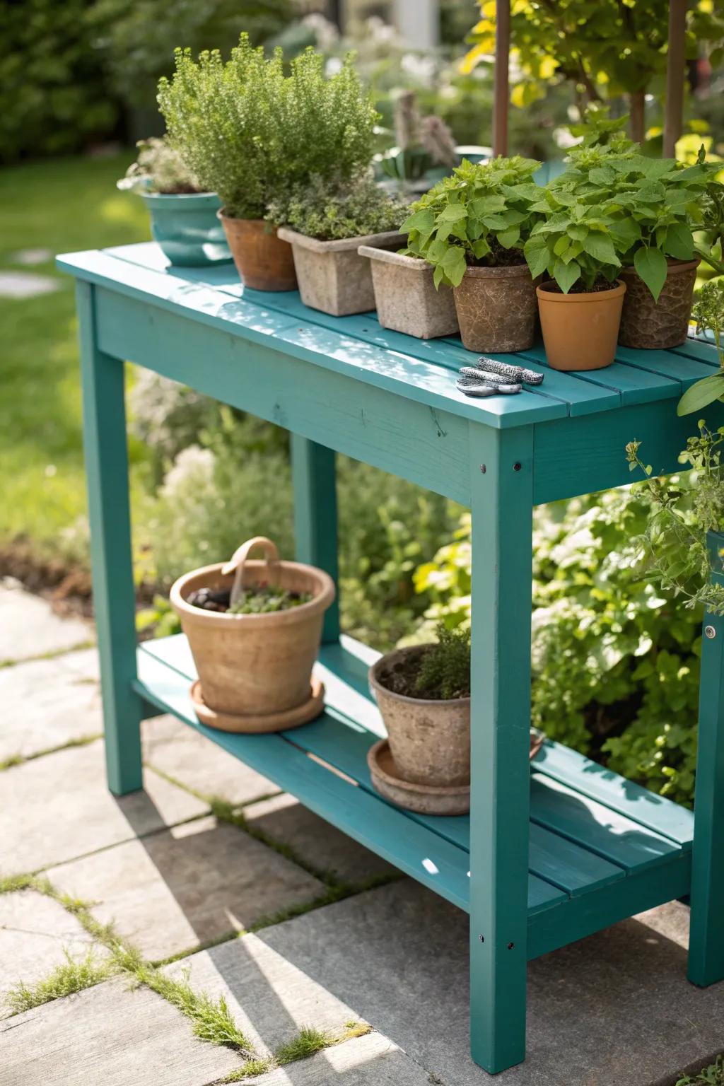 Brighten your garden with a splash of turquoise! 🌿✨ This minimalist planting table is where Scandinavian simplicity meets Boho charm.