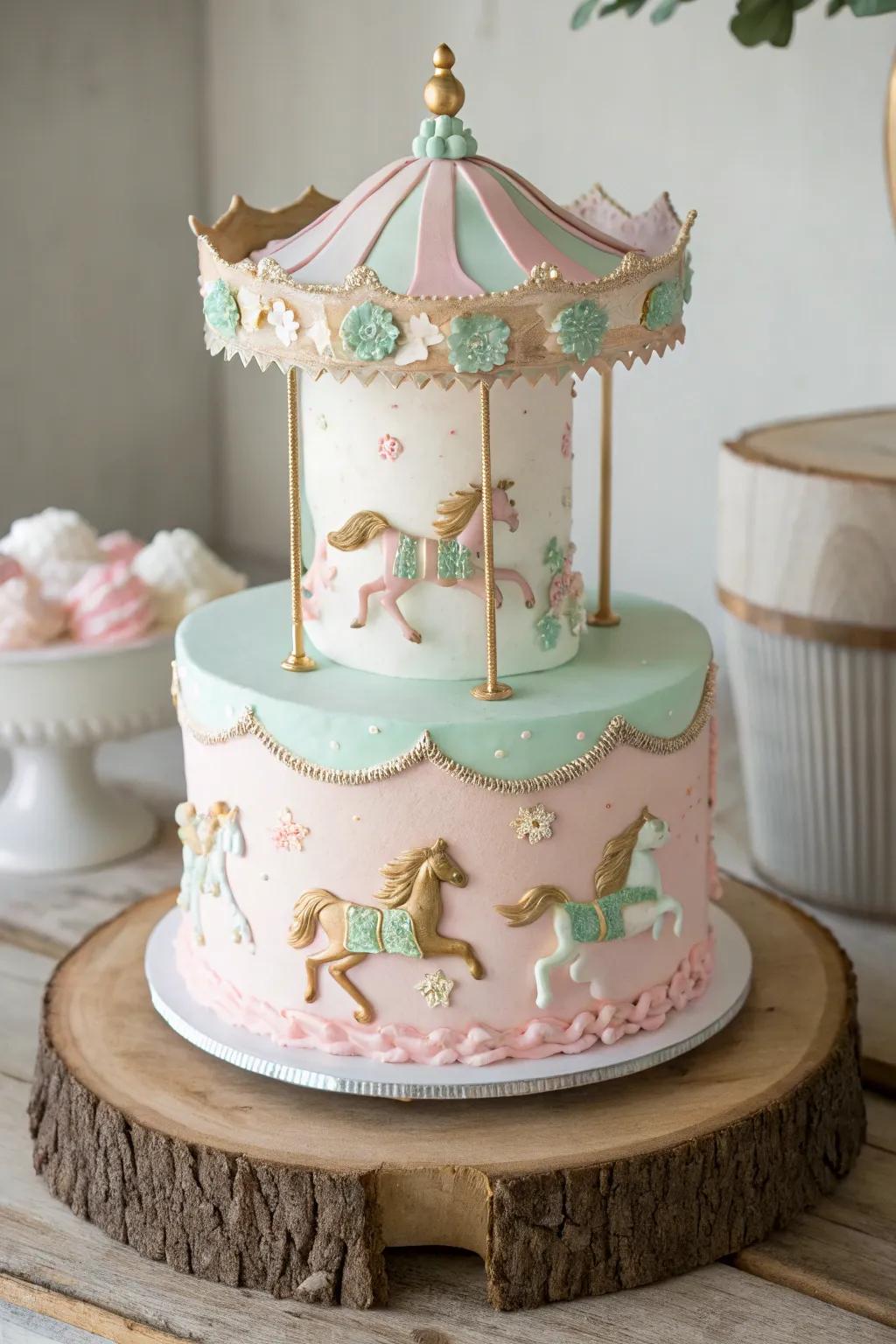 Whirl into wonder with a merry-go-round cake that brings magic to any birthday festivity!