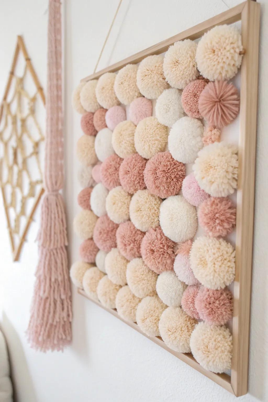 Elevate your area with the serene loveliness of minimalist pom pom wall decor - a flawless fusion of simplicity and style.