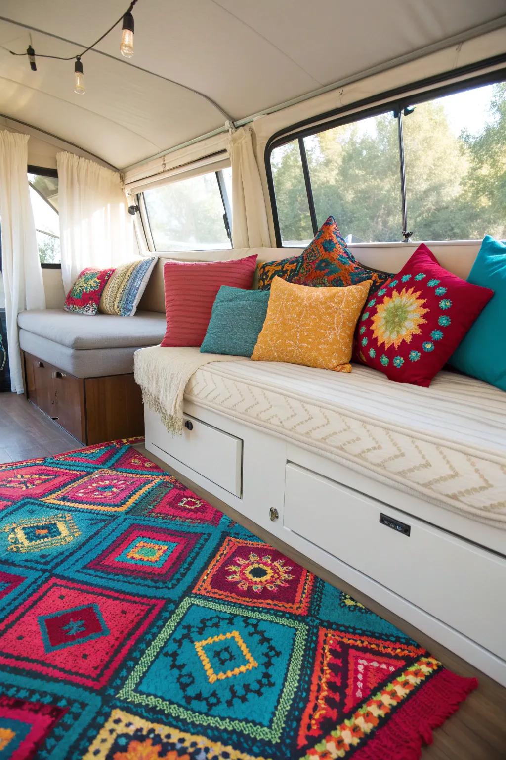 With splashes of color and comfort, such as vibrant pillows and a striking rug, you can completely transform your camper and inject life into your mobile journey.