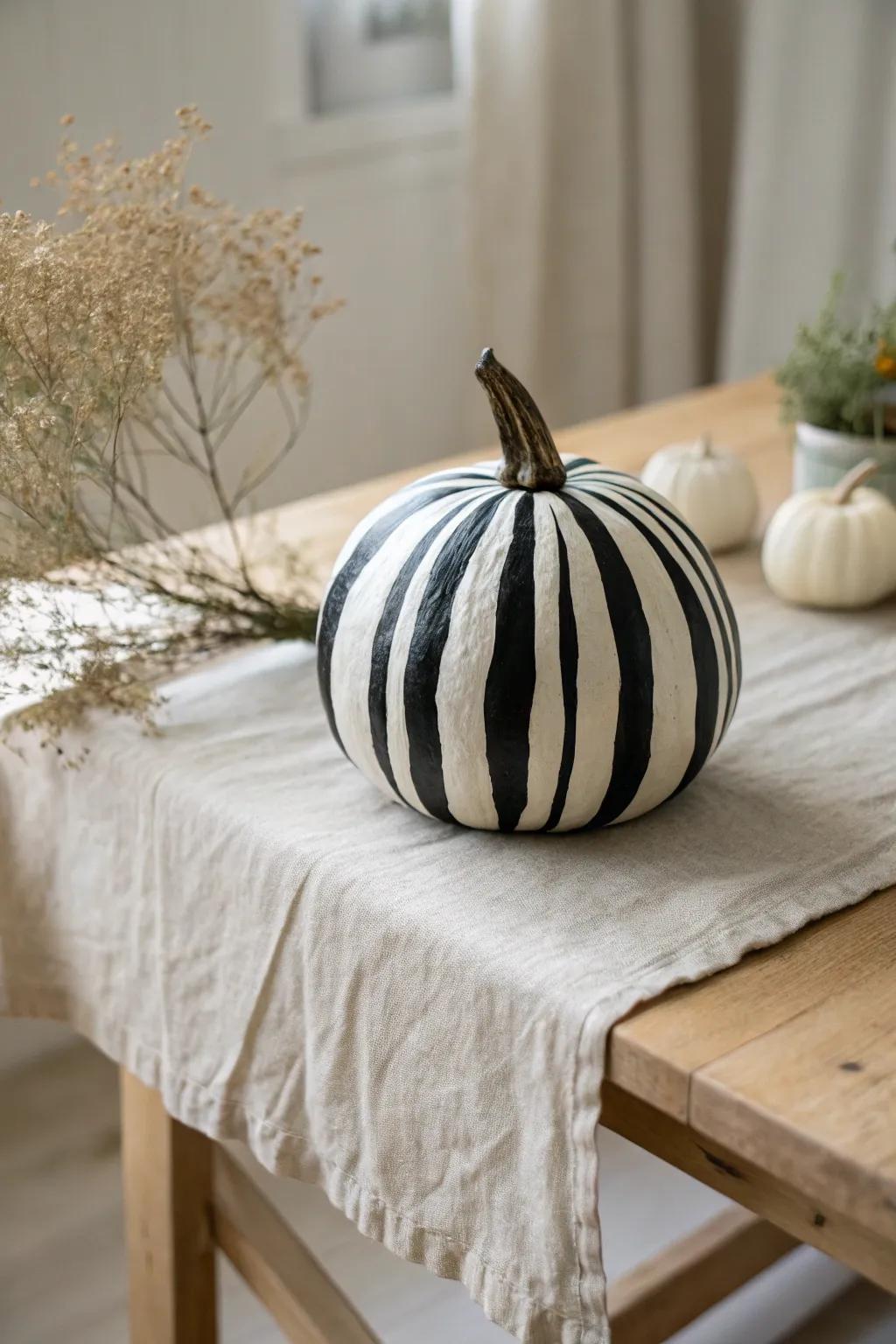With the subtle charm of a two-tone lined pumpkin, elevate your autumnal decorating.