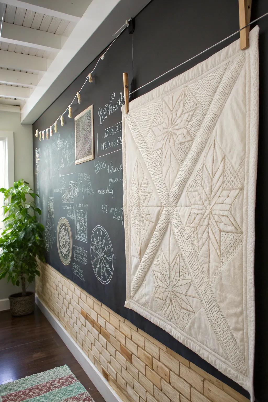 Craft your ingenuity: Quilt designs encounter delightful chalkboard annotations.