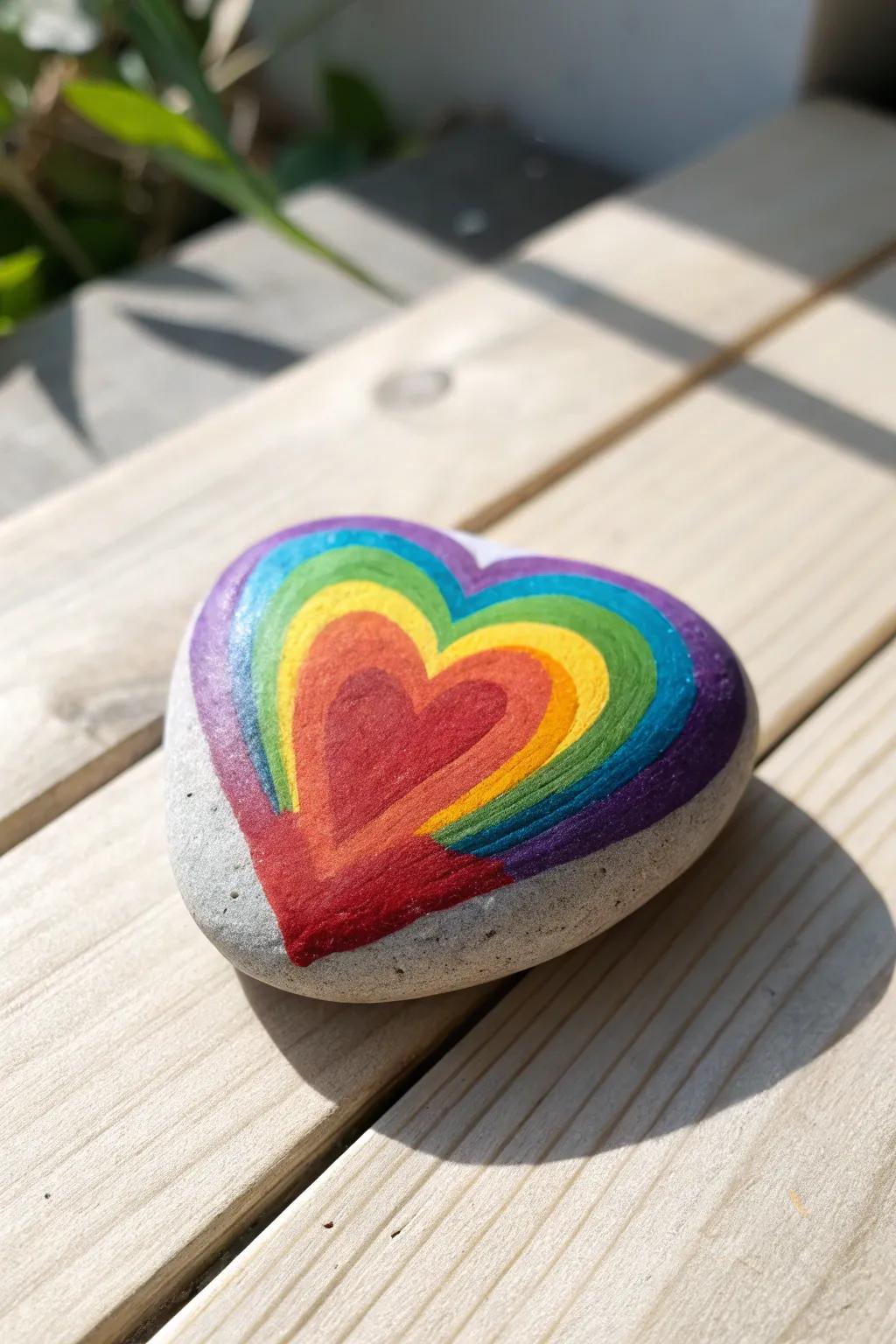 Impart a whisper of warmth and color to your milieu with this heartfelt rainbow-painted stone.
