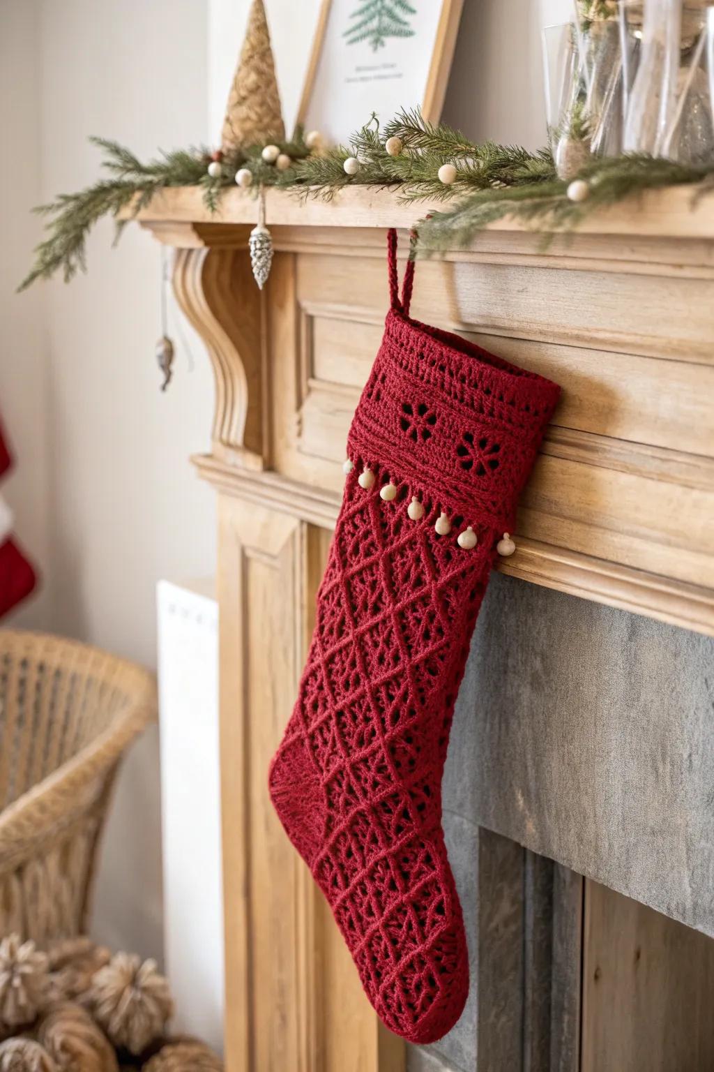 Celebrate the season with a hand-fashioned accent: a breathtaking scarlet crochet stocking that infuses warmth and grace into your holiday décor.