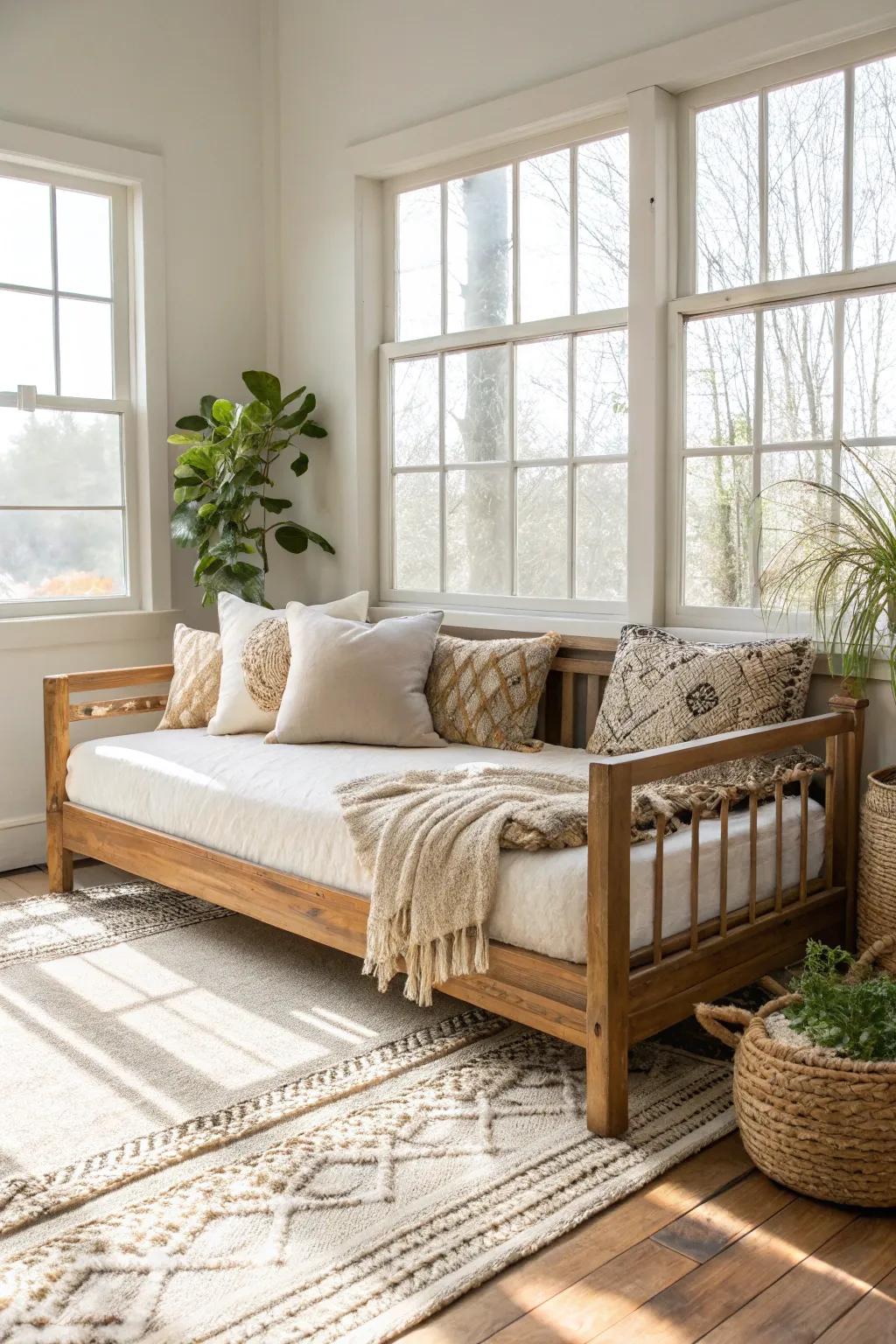 Transform your old bed frame into a snug daybed sanctuary for ultimate relaxation.