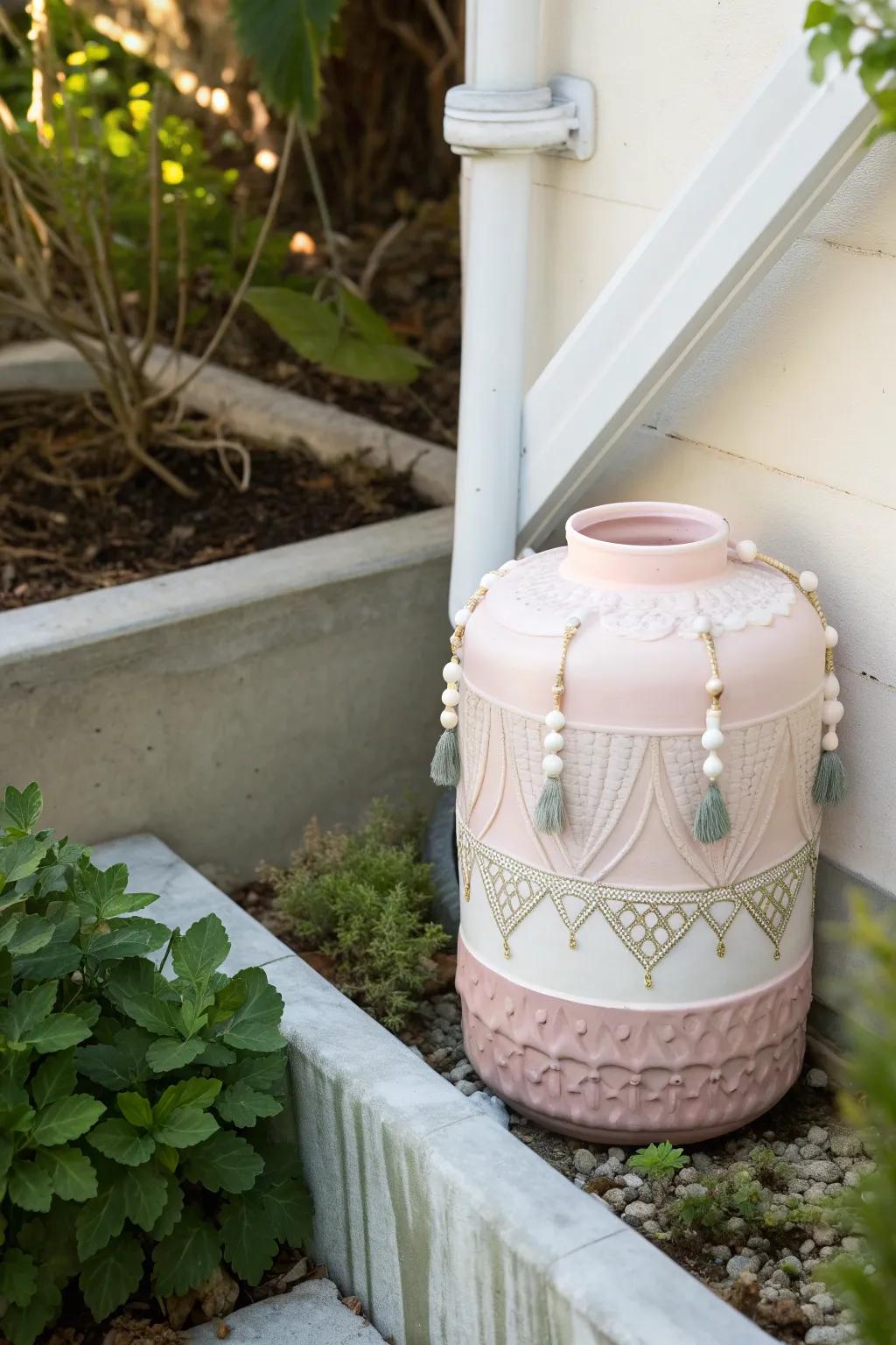 Enhance your garden with this stylish and eco-conscious rainwater collector, combining minimalist aesthetics with natural appeal.