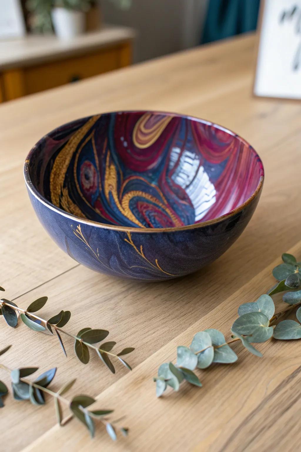Embrace the artistry of minimalism through this stunning abstract resin bowl, where audacious hues encounter minimalist blueprint.