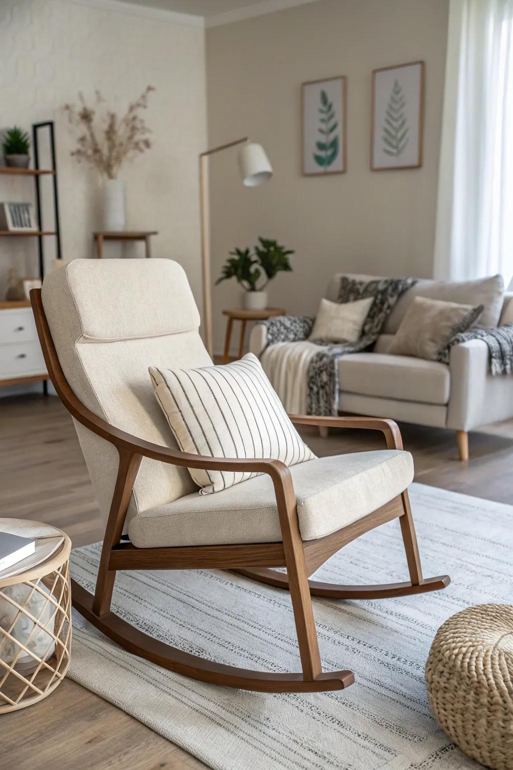A minimalist rocking chair imparts elegance to a contemporary living space.
