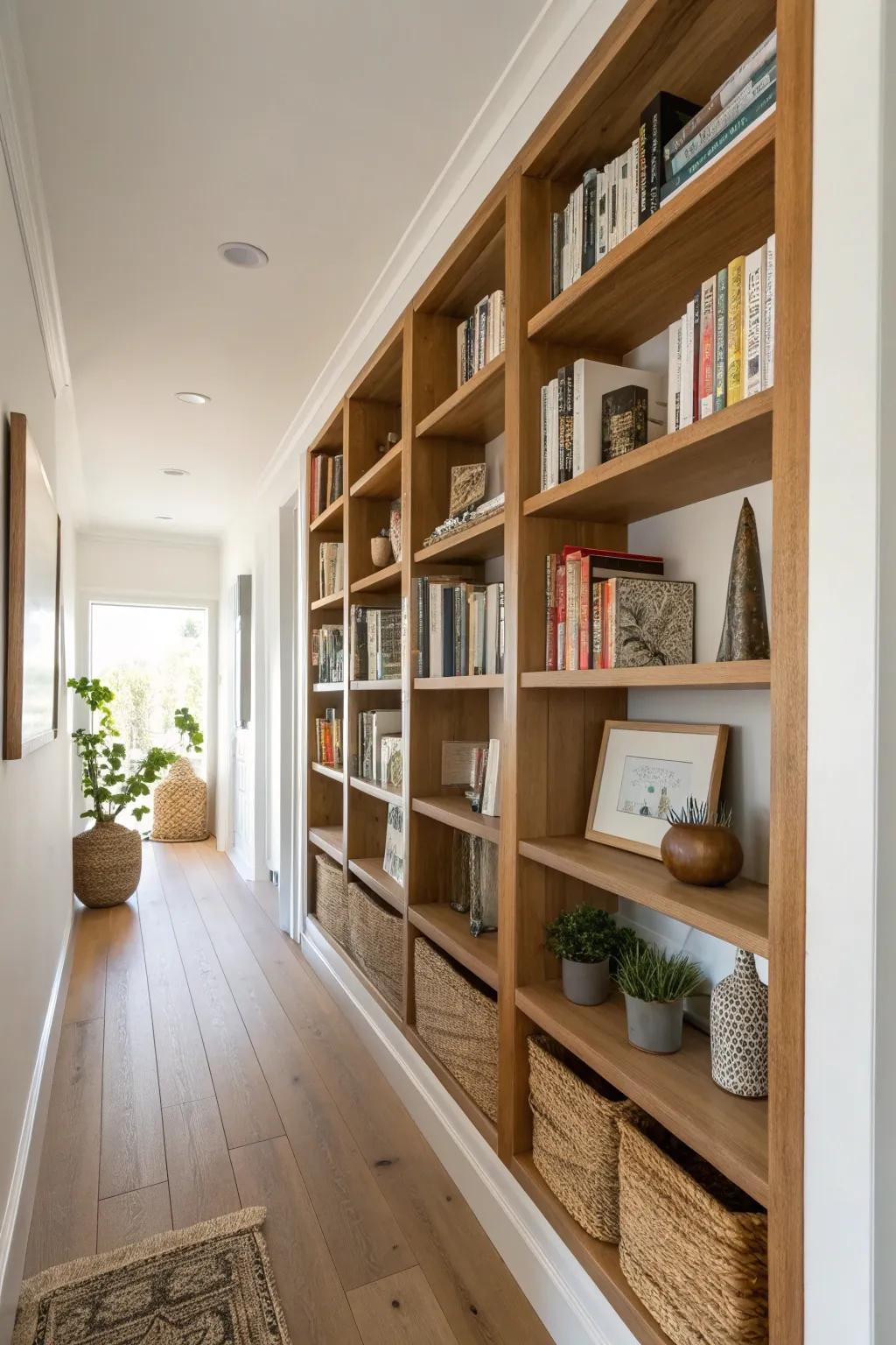 Transform your narrow corridor into a stunning library with stylish built-in shelving.