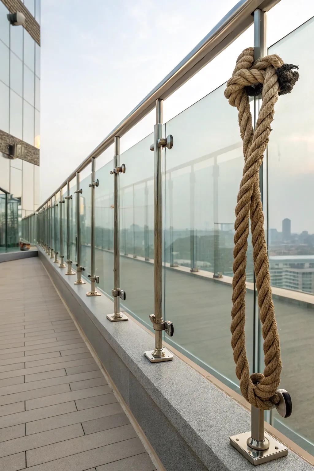 Elevate your environment with a captivating glass and rope handrail design that embodies contemporary minimalism.
