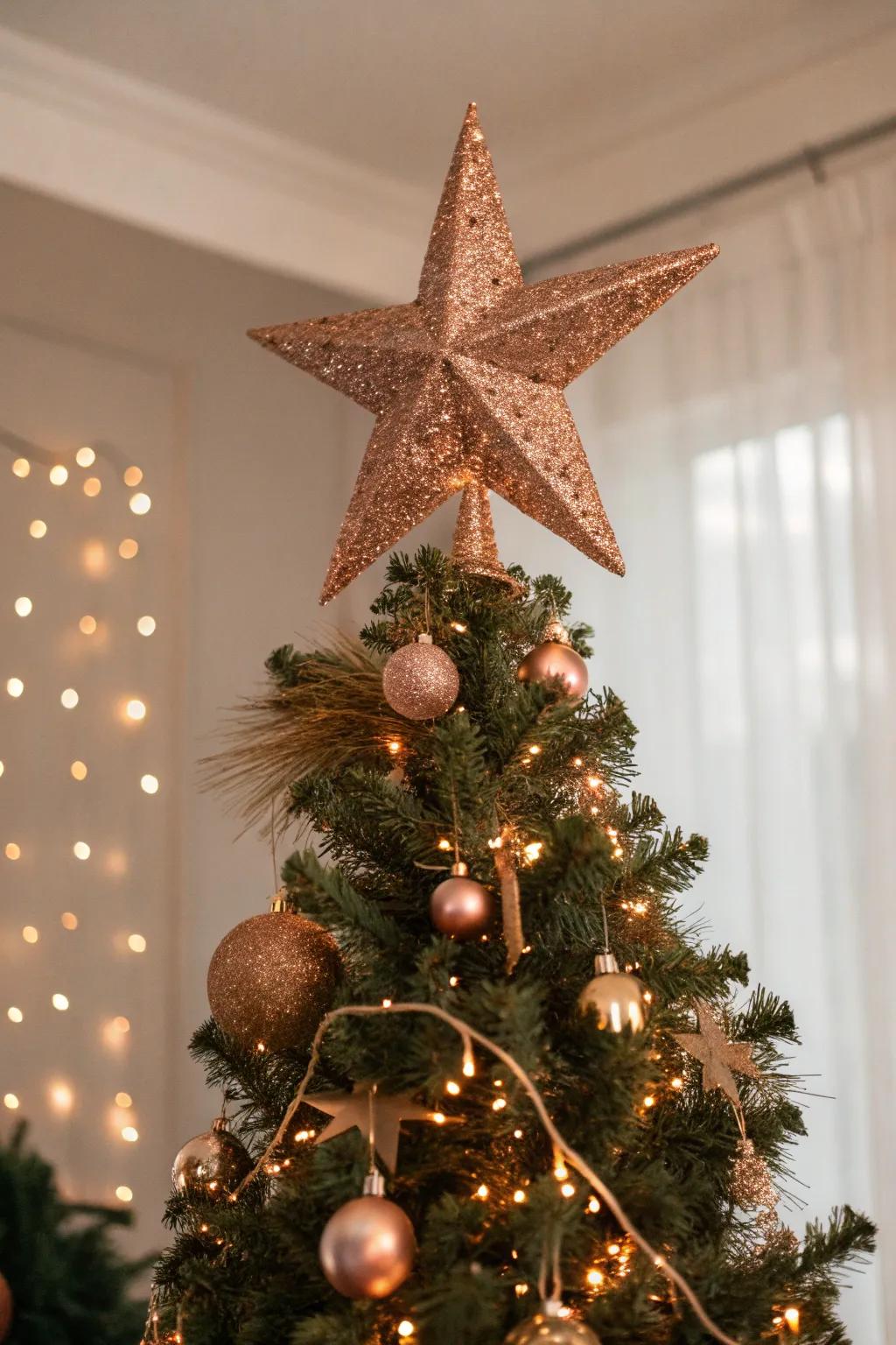 A radiant roseate stellar piece crowns this sophisticated Christmas tree.