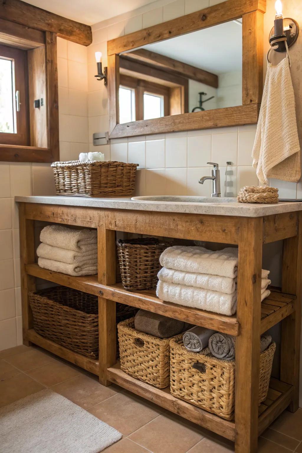 A country bathroom vanity that features open timber racks showcasing textiles and containers.