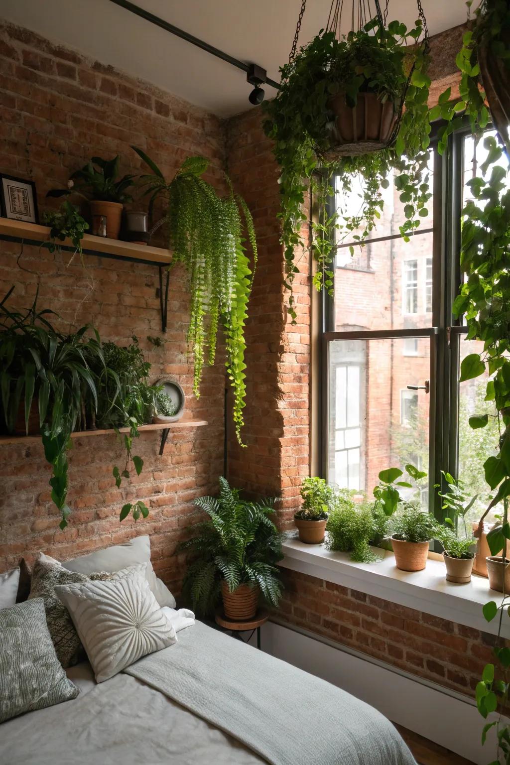 Vibrant botanicals infusing a refreshing essence into the rustic brick wall.