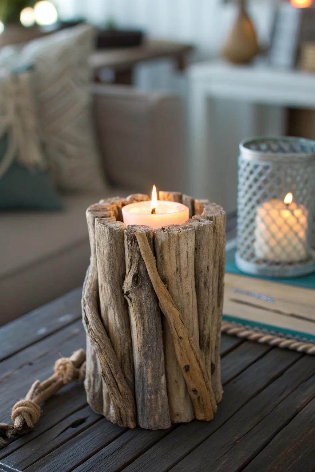 Transport the beach home with this stunning driftwood candle stand—ideal for integrating a hint of rustic appeal into any setting.