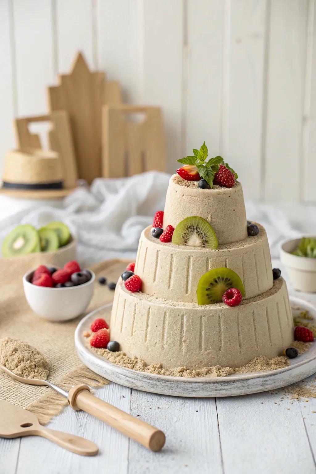 Elevate your sandcastle cake with a splash of vibrancy and freshness by utilizing kiwi and berries. A harmonious blend of simplicity and innate beauty.