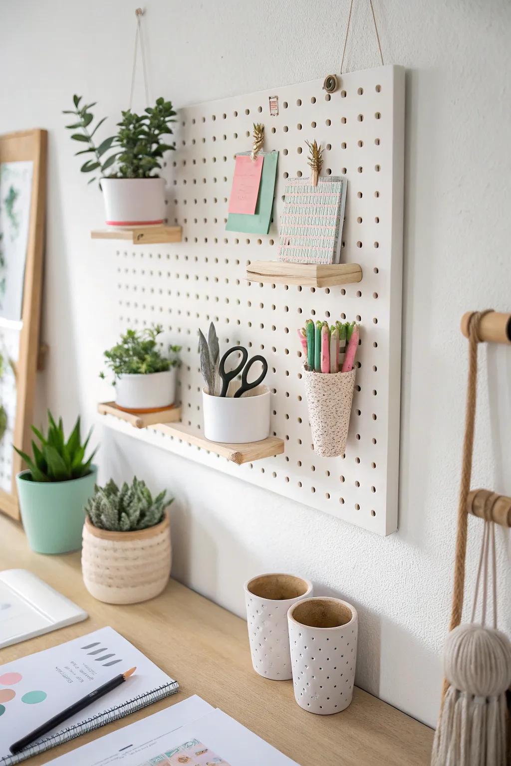 Revamp your workspace into a tranquil haven with pegboard perfection—where ease merges with elegance.