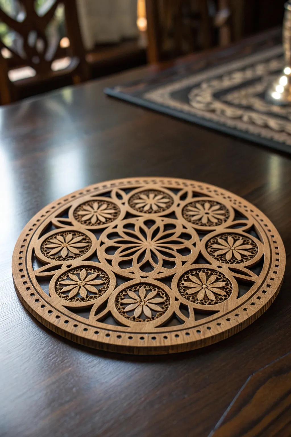 Enhance your coffee spot conversation with intricately carved timber coasters.