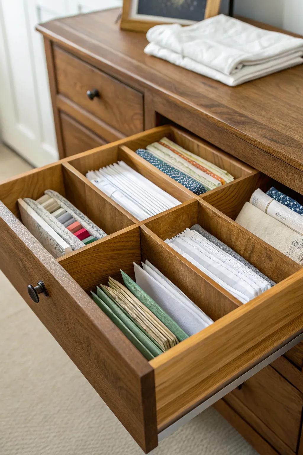 Drawer dividers offer a functional approach to organizing linens.