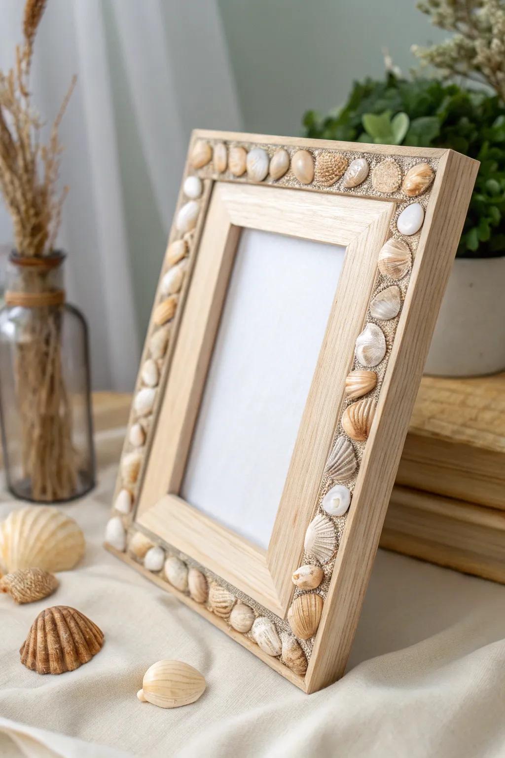 Embrace coastal allure using a handmade shell-adorned frame—where simplicity encounters the sea.