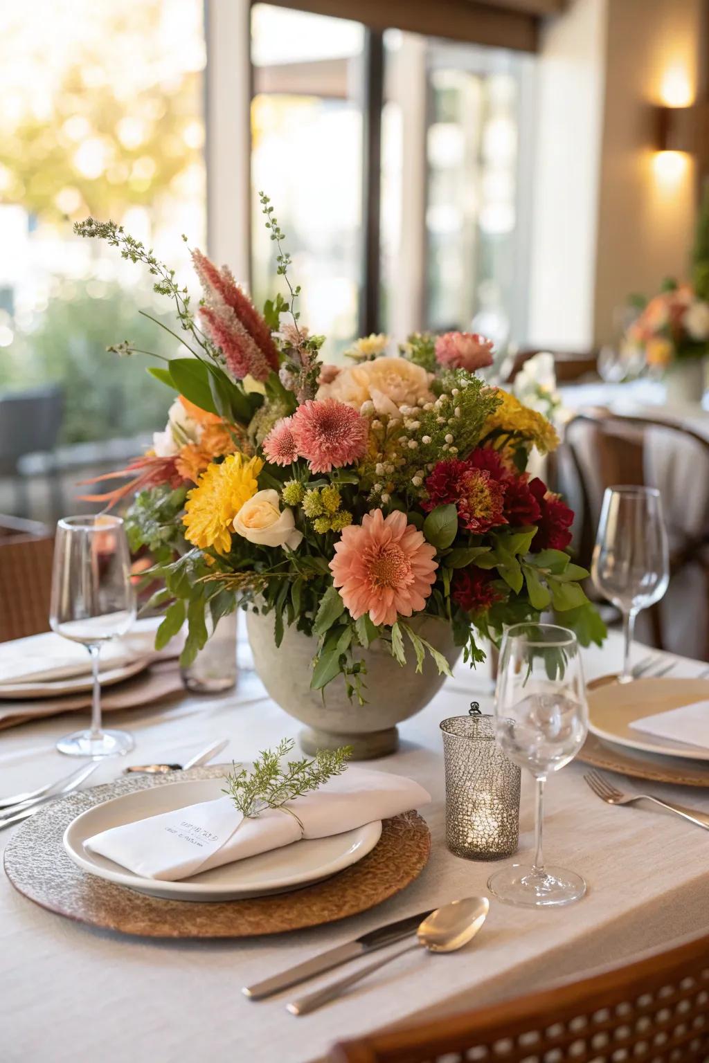 Floral centerpieces adding a touch of elegance and color.