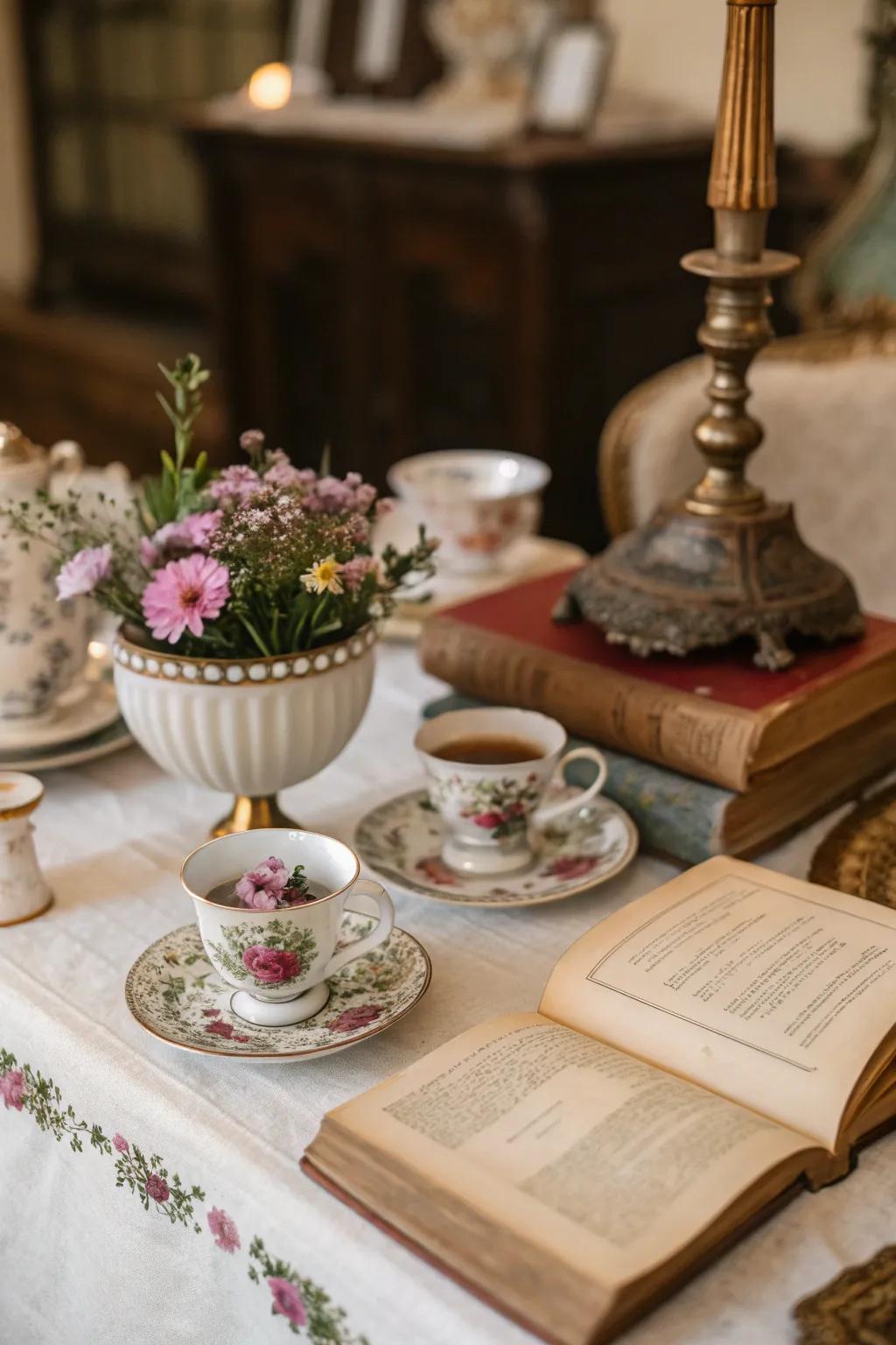 Tea sets filled with flowers deliver a vintage appeal.