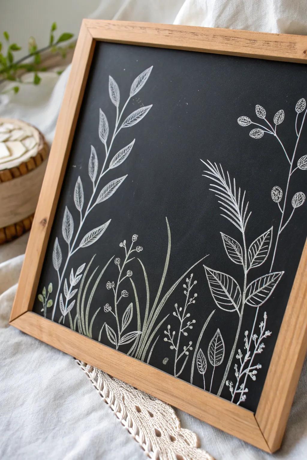 Introduce the tranquil splendor of nature indoors through minimalist chalkboard artistry.