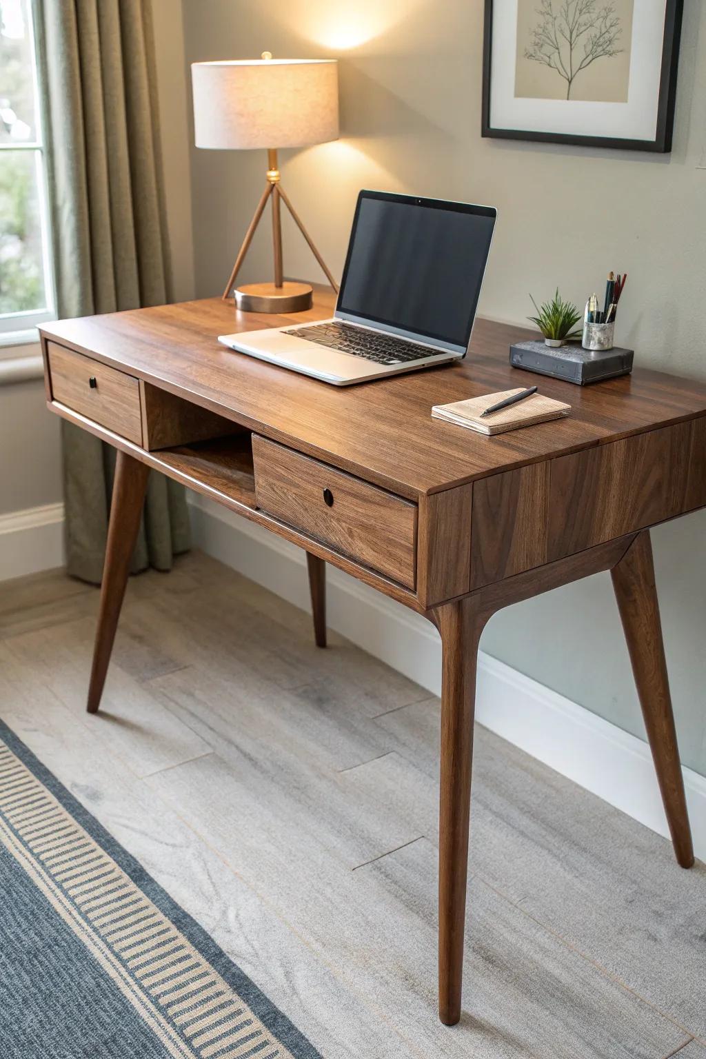 Transform your corner into an elegant workspace with this streamlined, small wood desk.