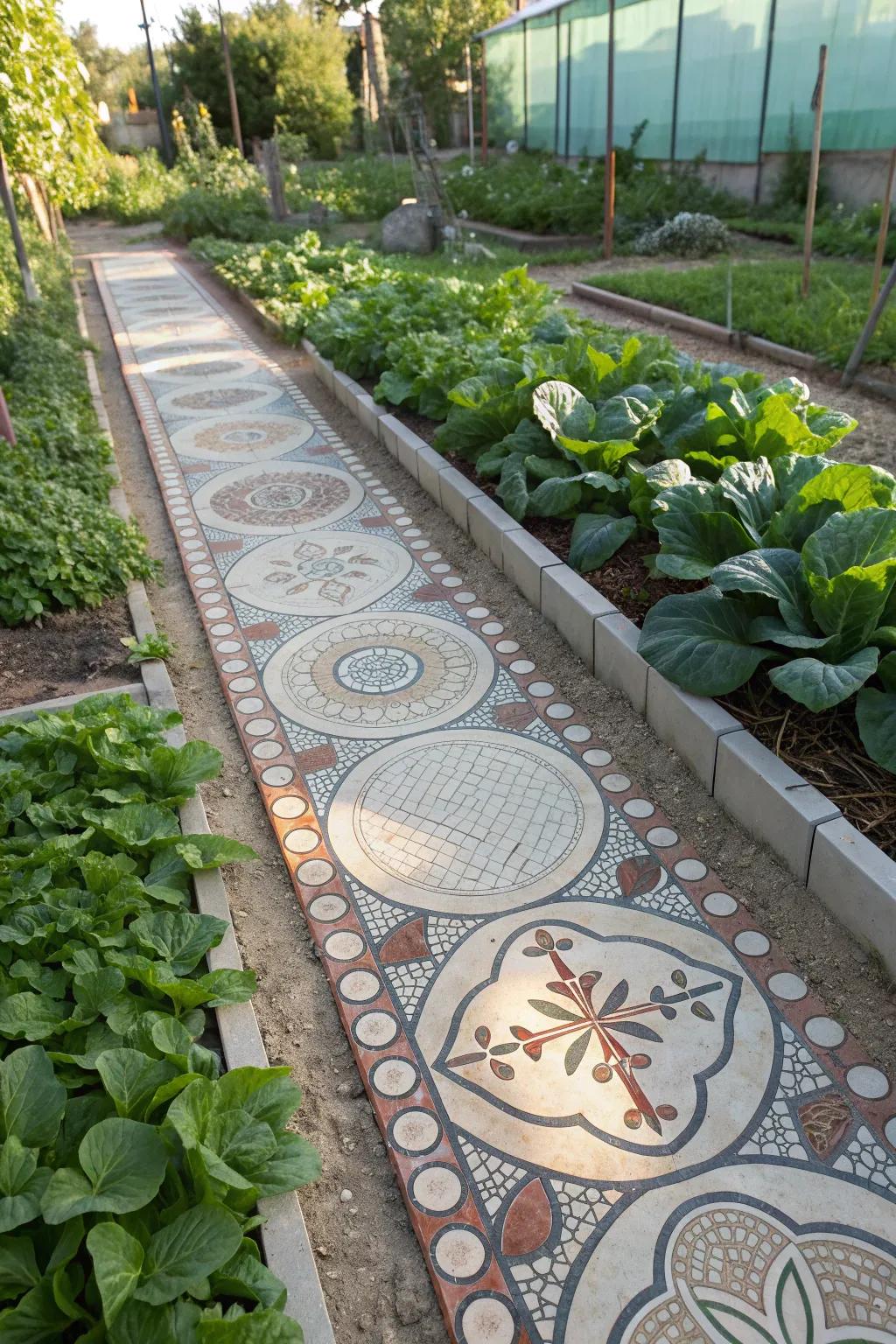 Step into tranquility via a mosaic route that introduces charm and refinement to your petite backyard garden. 🌿✨