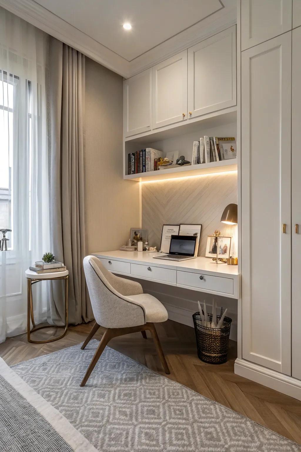 A narrow desk complements a minimalist bedroom design.