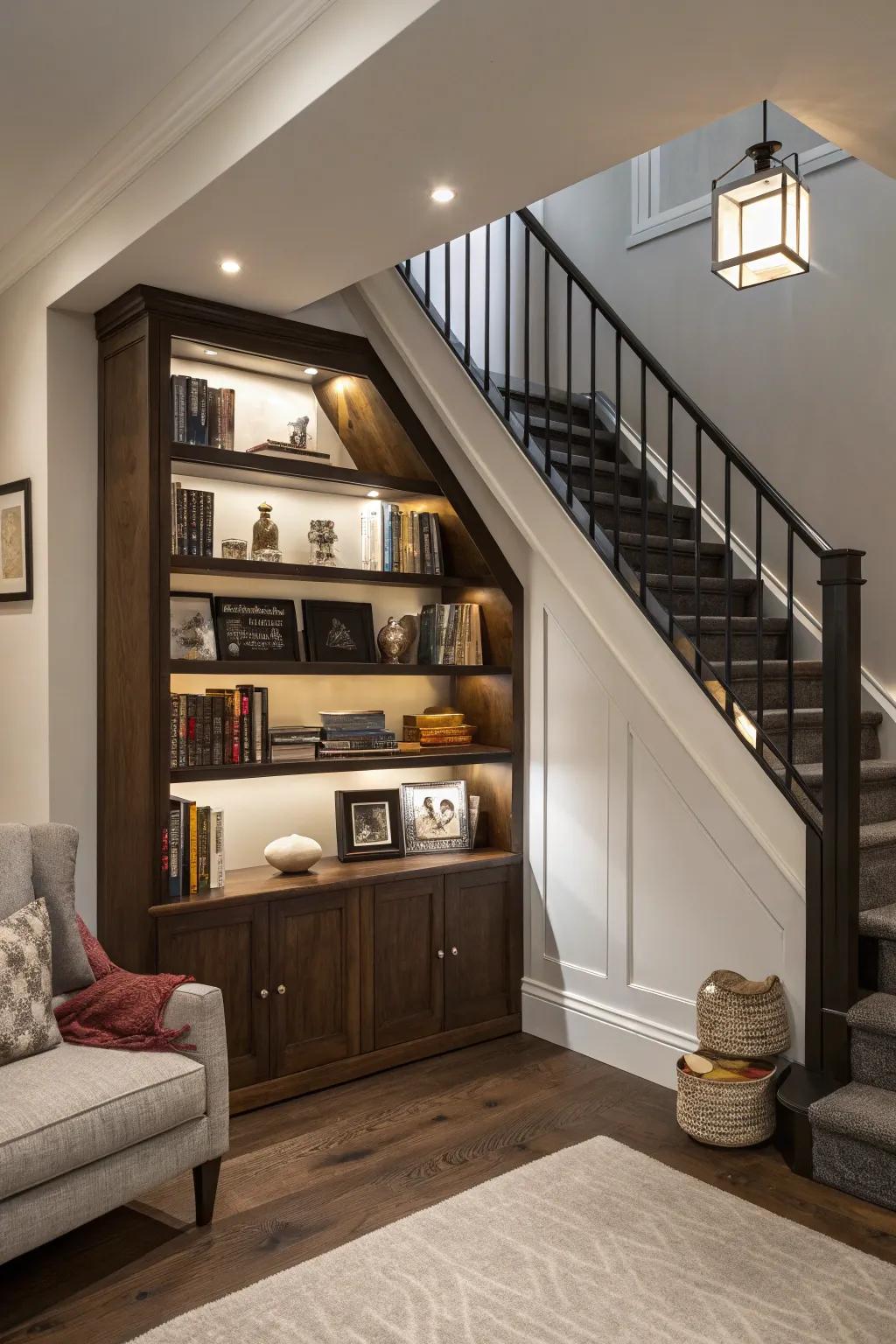 Revamp peculiar spaces into chic reading havens with under-the-stairwell shelving.