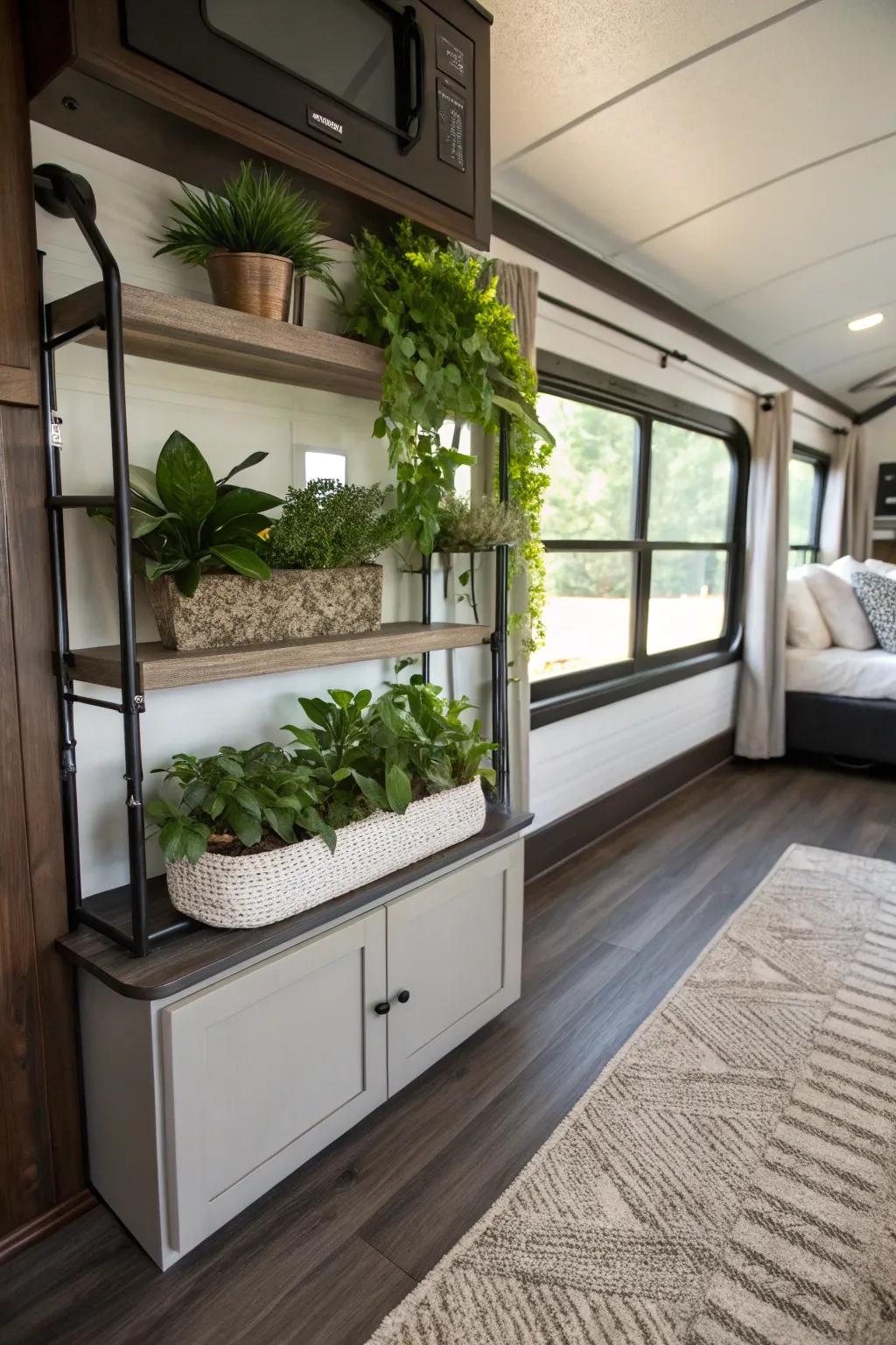 Turn your fifth wheel into a snug refuge with a hint of greenery and flair.
