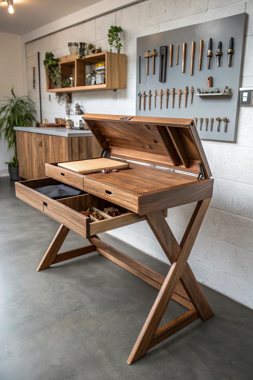 Maximize your workspace with this elegant retractable workbench—ideal for any compact woodworking shop.