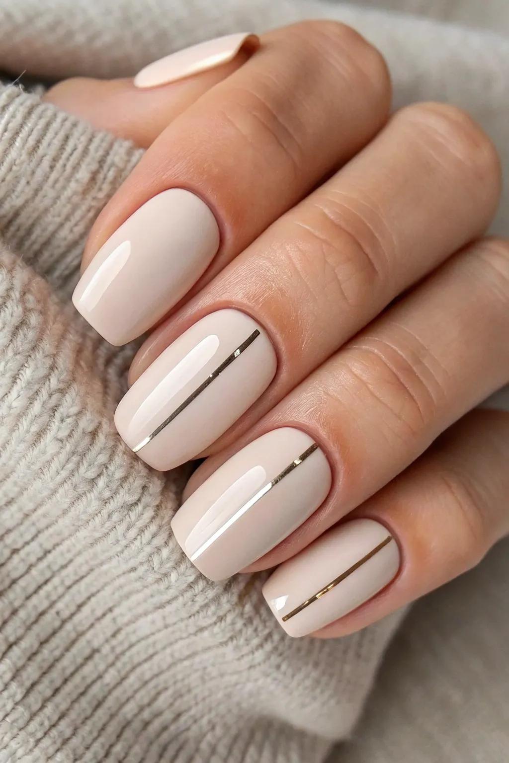 Revel in minimalist sophistication with chic nude nails accentuated by a sleek metallic line.