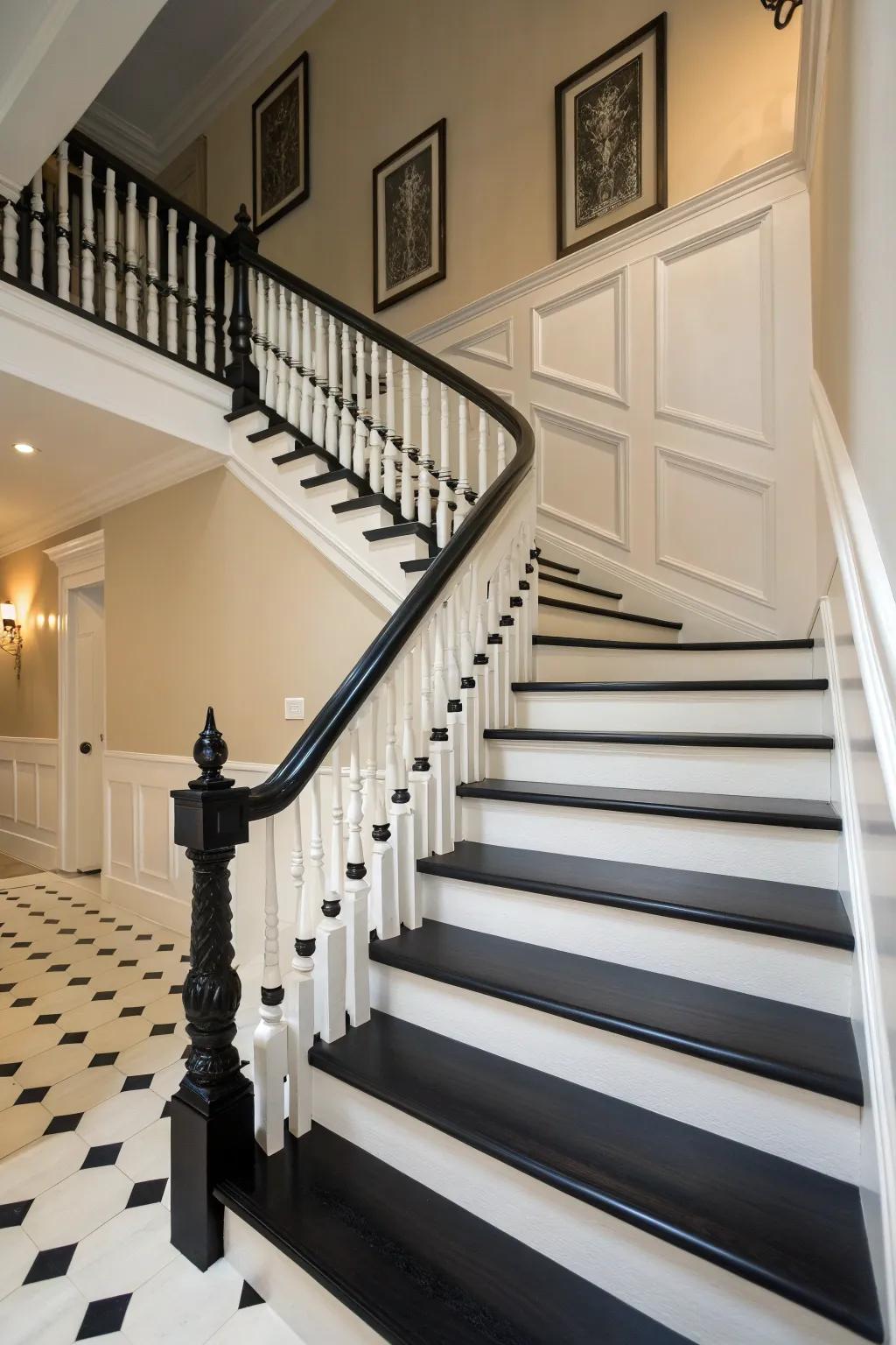 Enhance your space with a timeless monochrome staircase for quintessential elegance.