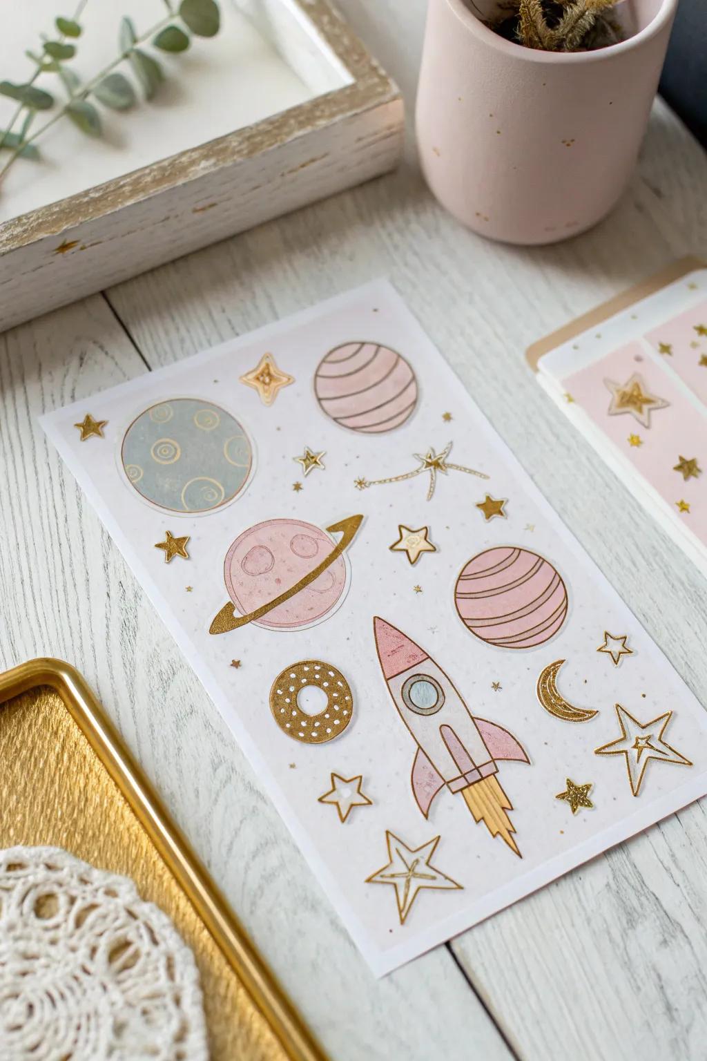 Embark on a Galactic Escapade with these enchanting space-themed adhesive embellishments, ideal for incorporating a fraction of the galaxy into your crafts.