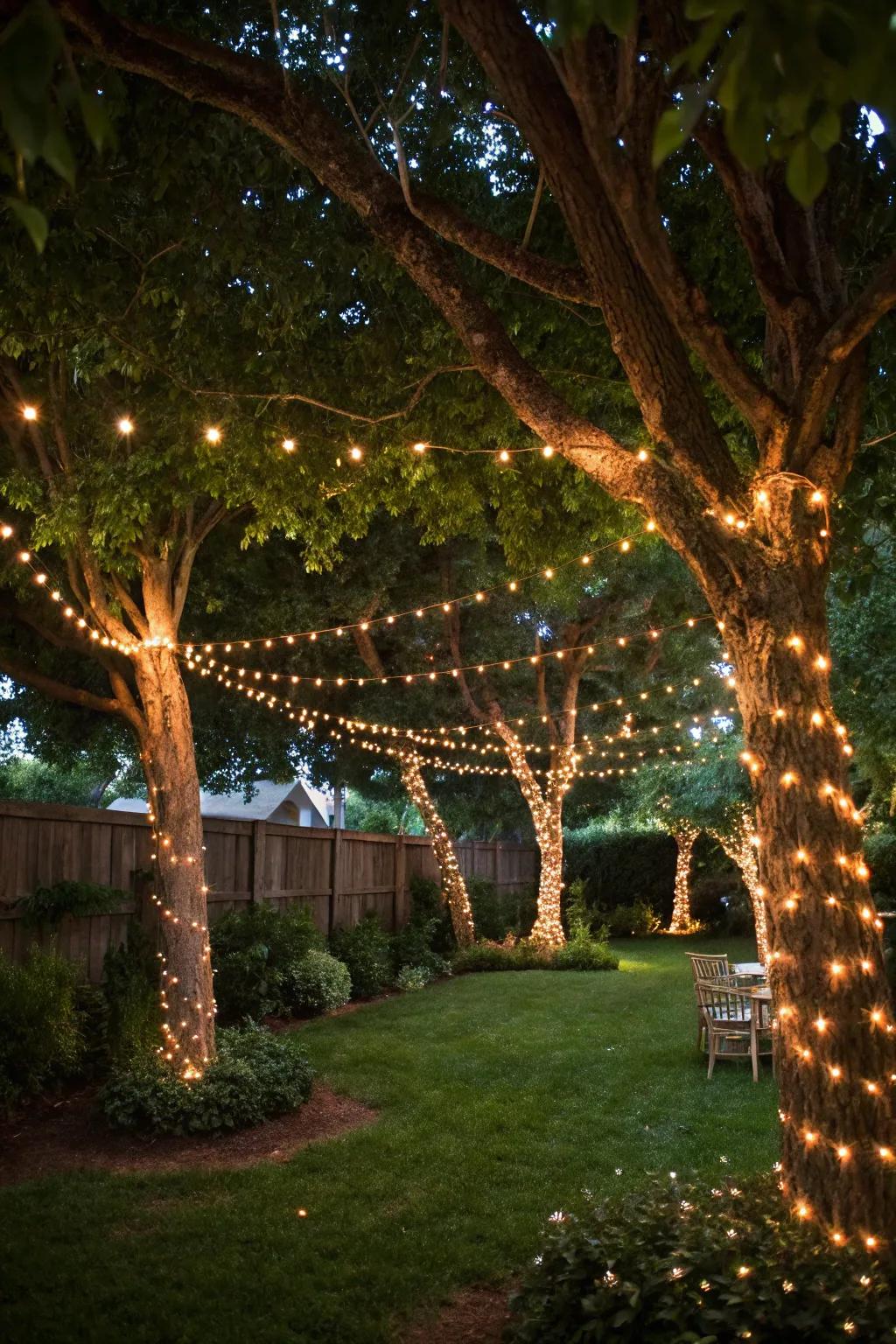 Use existing trees as natural supports for your string lights, achieving a captivating result.