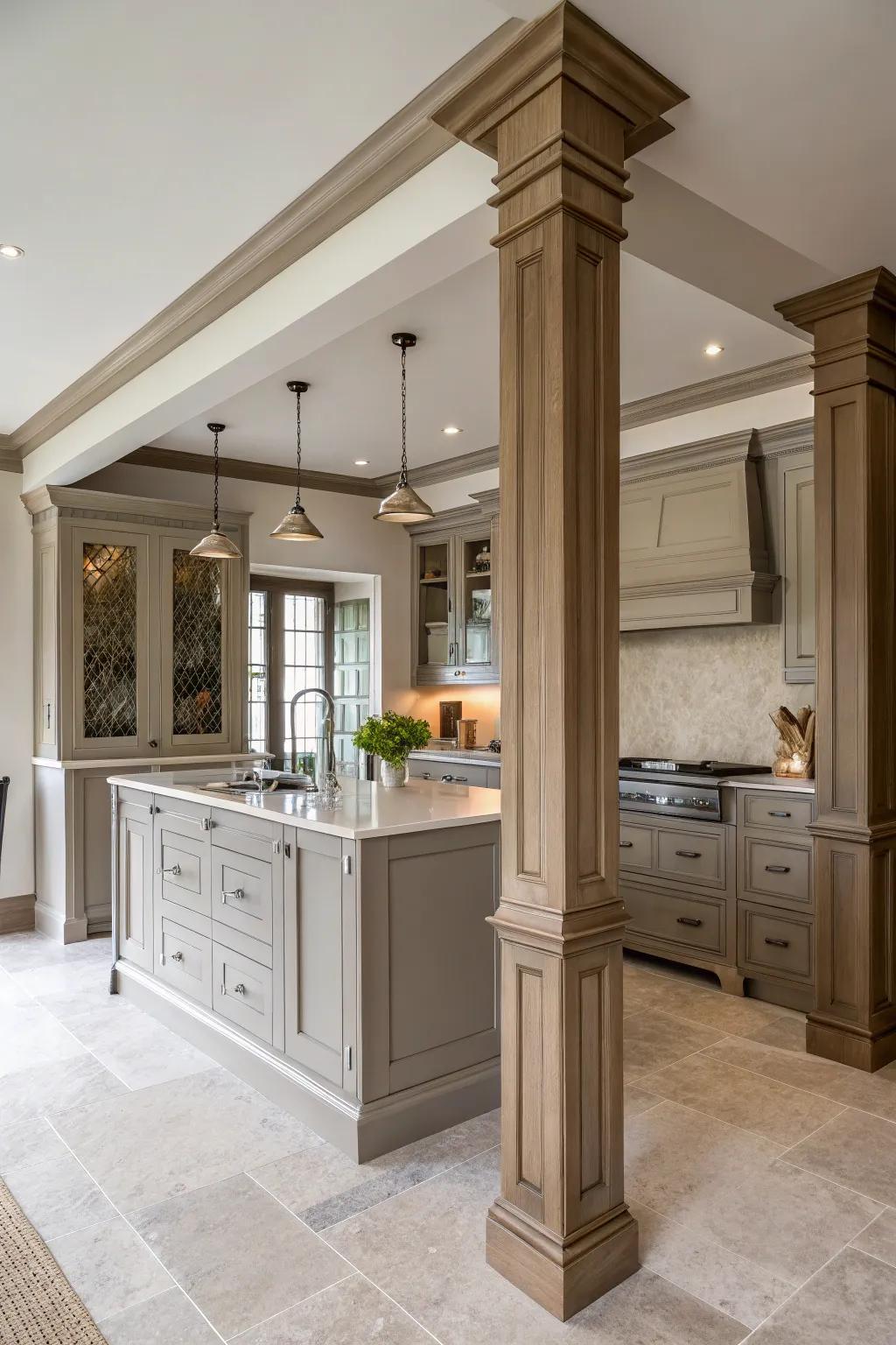 Integrated posts and cabinetry blend seamlessly in a harmonious kitchen setting.