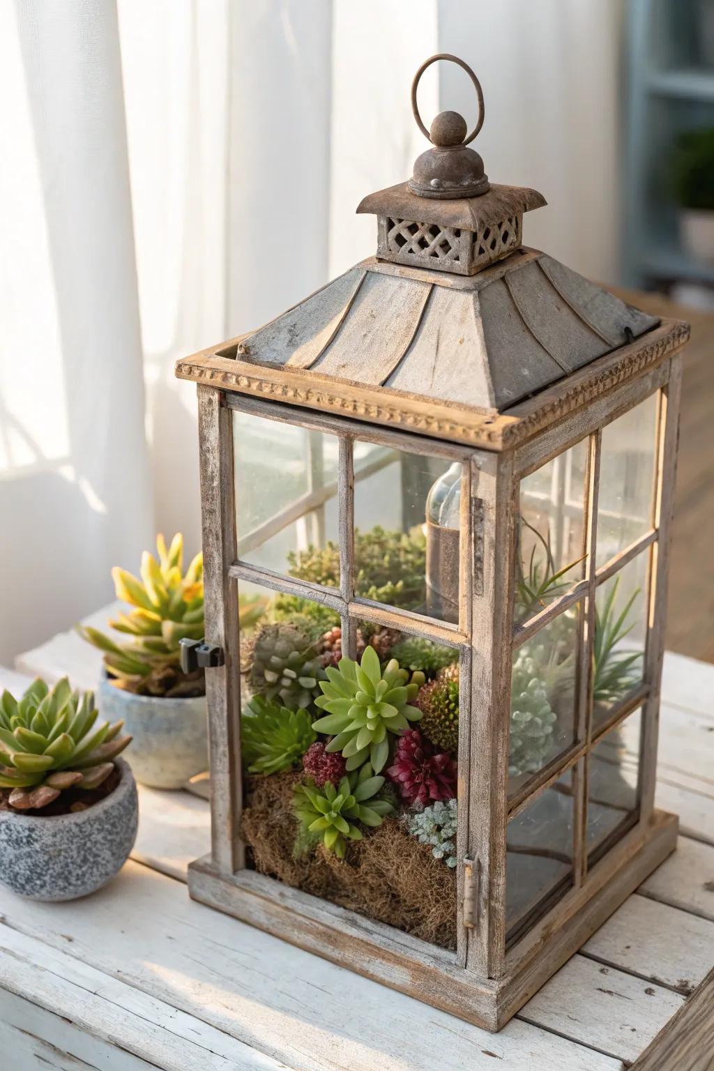 Morph vintage beacons into captivating succulent flowerbeds for a dash of rusticity on your veranda.