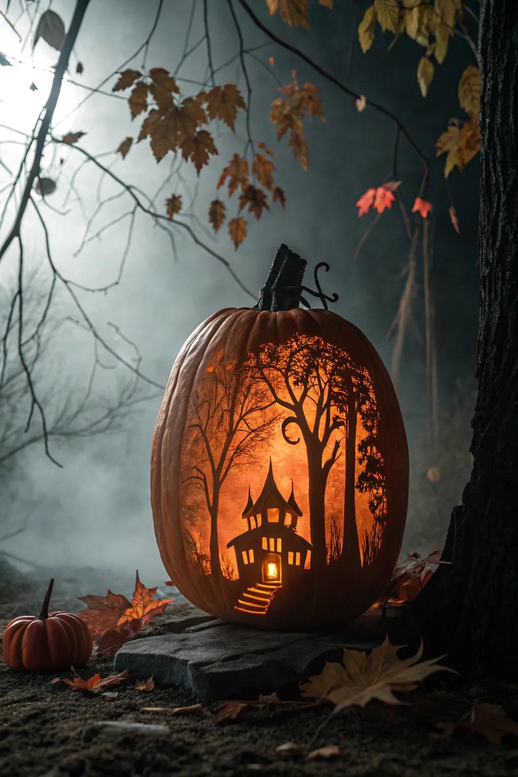 Enter the shadowy allure of autumn with this intricately carved gourd masterpiece.