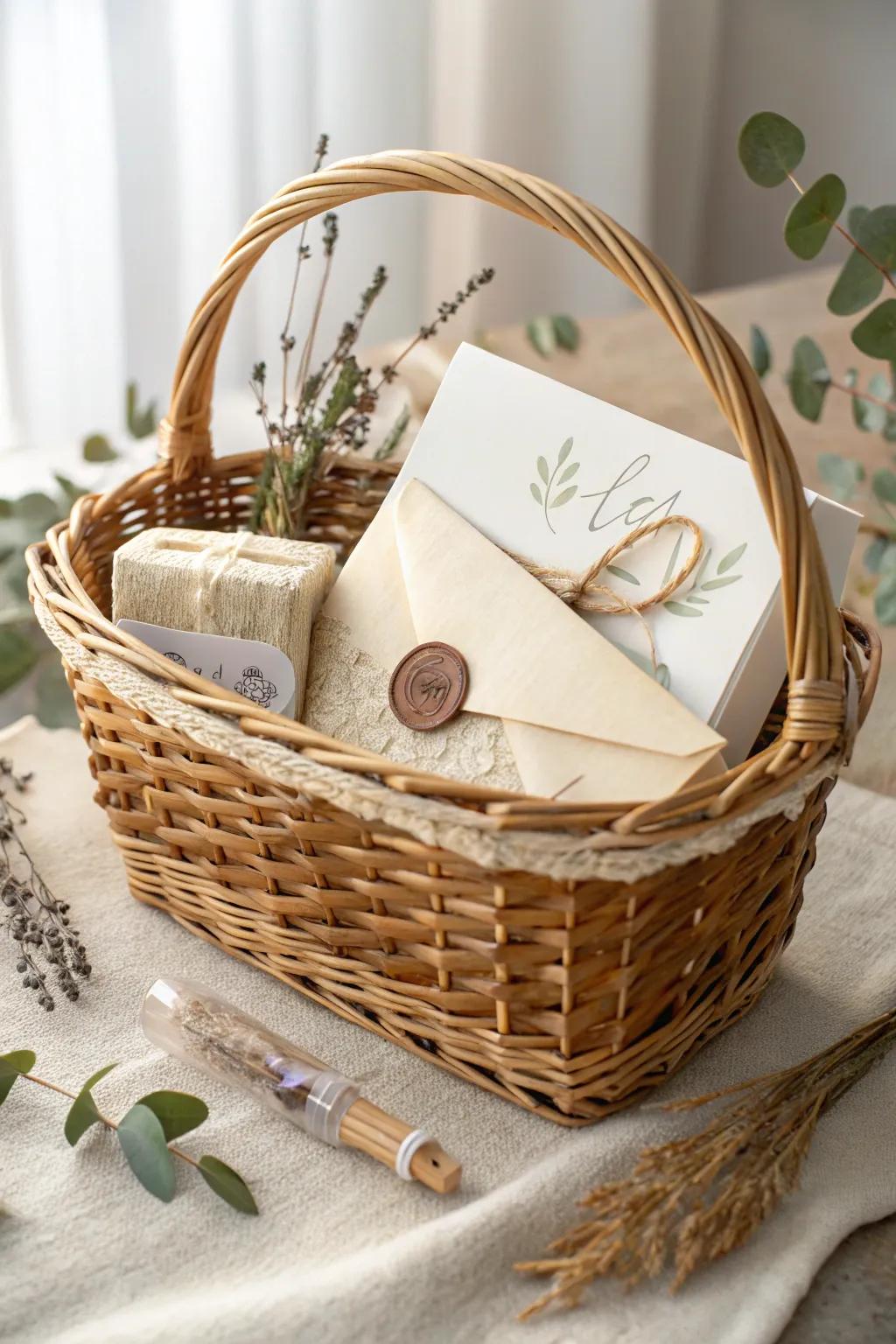 Show thanks with a personal detail: a handwritten note nestled in a beautifully made gift basket.