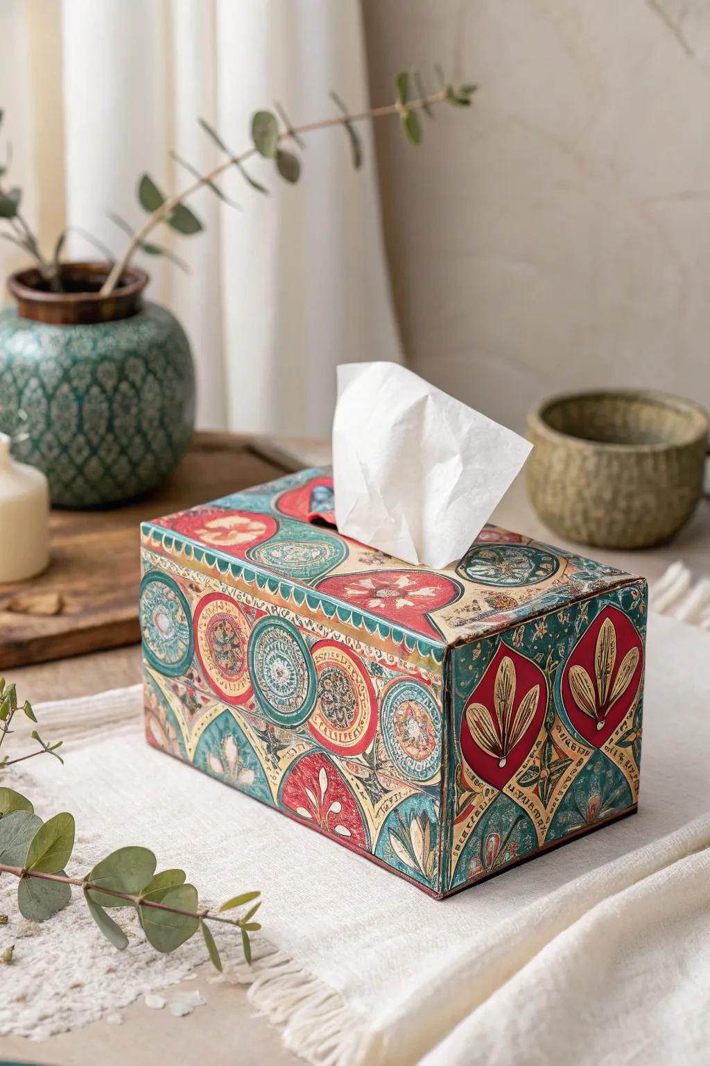 Transform your tissue box into a piece of art using vibrant cut-and-paste designs.
