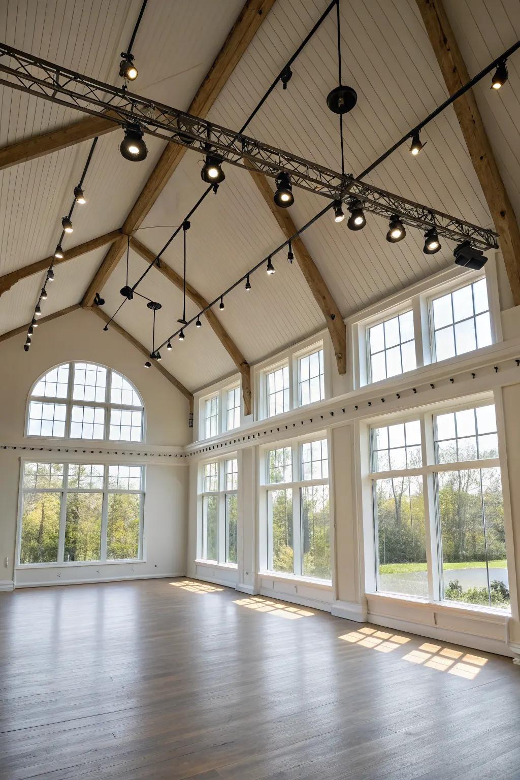 Track lighting harmoniously complements natural light within a bright, airy setting.