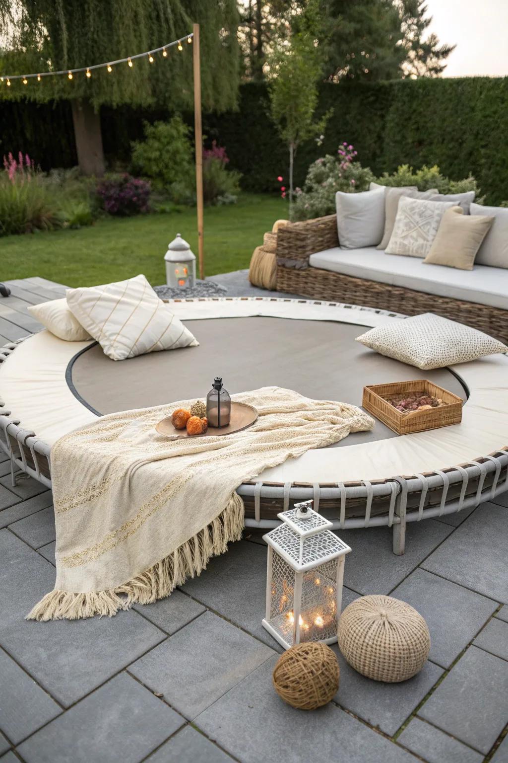 Convert your trampoline into a peaceful outdoor retreat with this stylish DIY lounge arrangement. 🌿✨ #ScandiBoho #OutdoorLiving
