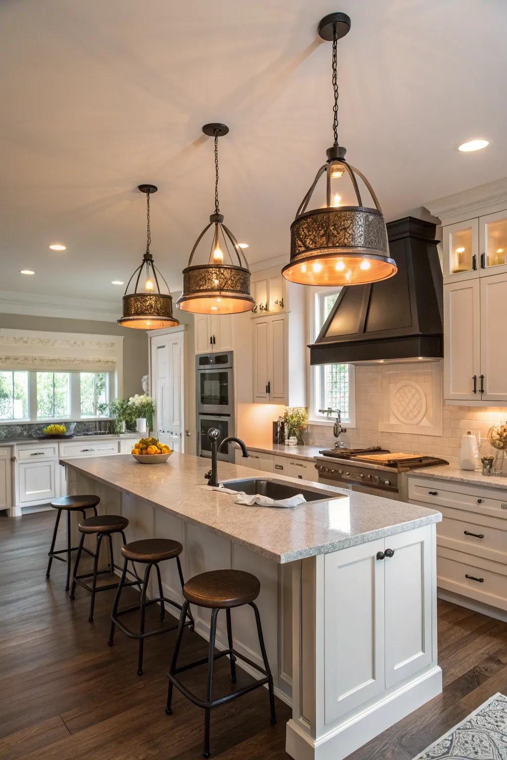 Eye-catching lighting introduces a modern elegance to this transitional kitchen.
