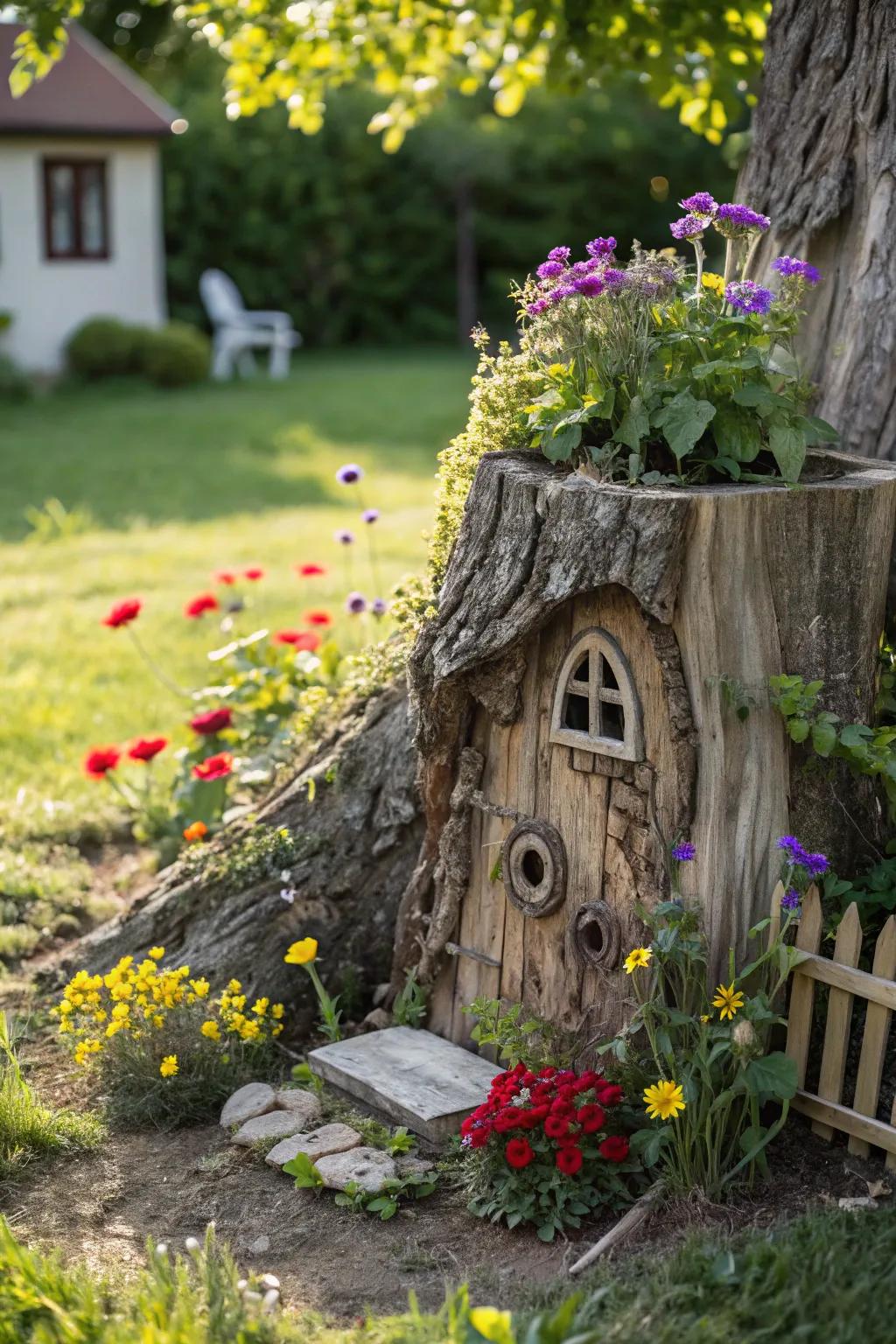 A whimsical tree stump dwelling nestled in a floral wonderland.